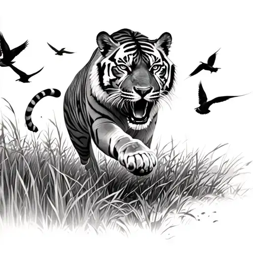 tiger jumping out of tall grass chasing birds tattoo design idea