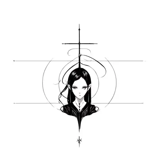 "Create a tattoo design that combines elements from the anime 'Elven Lied' and 'The Lain Experiments'. Include stylizo in the design. tattoo design idea