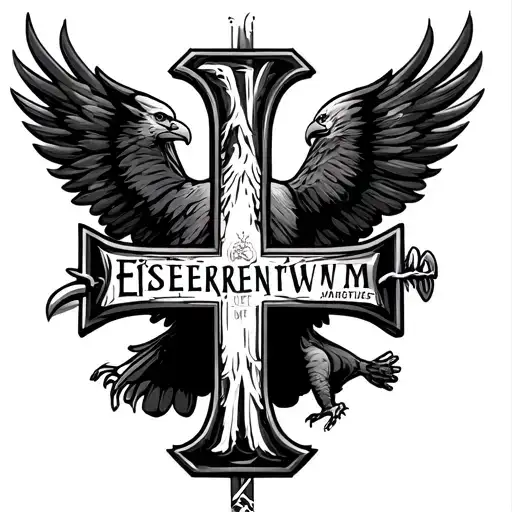 Battlefield Second Wak War, eagle on the Eisernwm cross with lettering unity quite freedom tattoo design idea