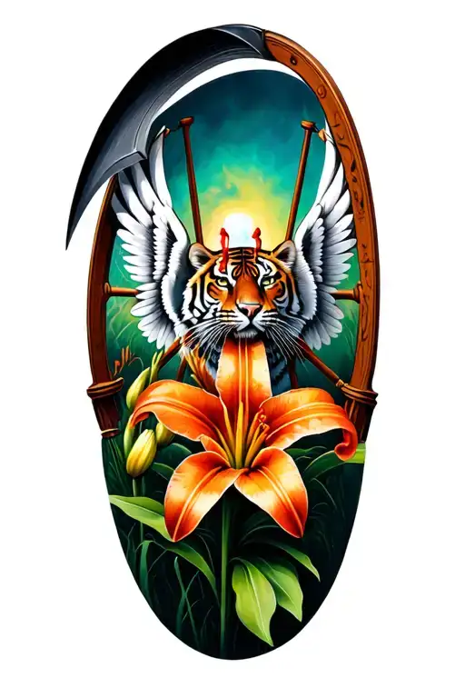 tiger lily, wagon wheel, air force wings, scythe  tattoo design idea