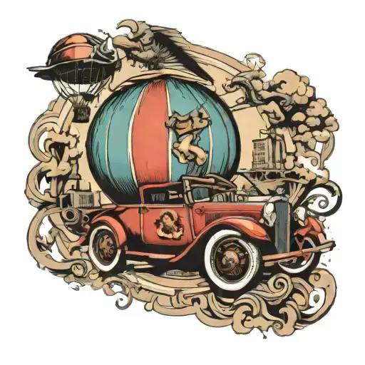 hot air baloon with carpentry tools and classic cars with dragon tattoo design idea