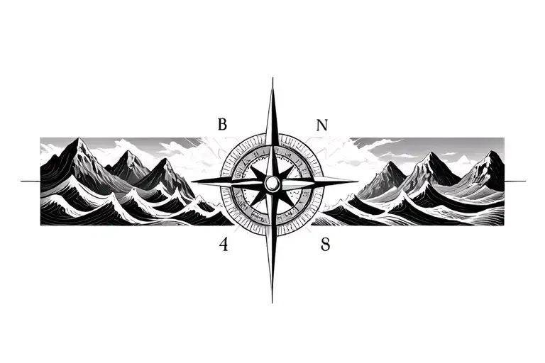 large compass with long north point surrounded by intricate geometric moutains and waves. black and white tattoo design idea