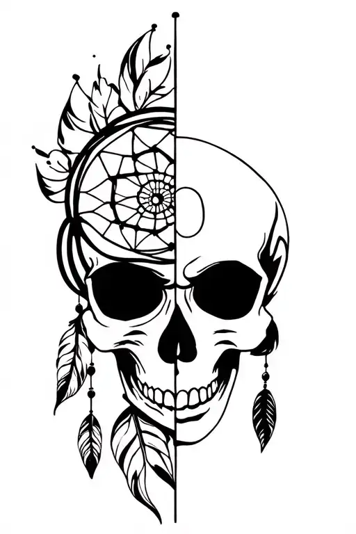 Half skull half face tattoo, dream catcher, split face tattoo design idea