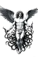 male Medusa Icarus falling, angle wing and demon wing tattoo design idea