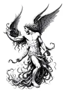 male Medusa Icarus falling, angle wing and demon wing tattoo design idea