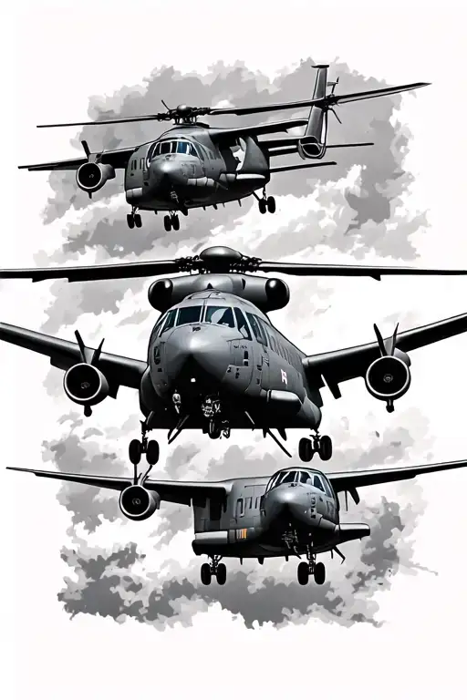 2D image of a blackhawk helicopter and a C-130 Hercules. The helicopter should be a side profile silhouette. tattoo design idea