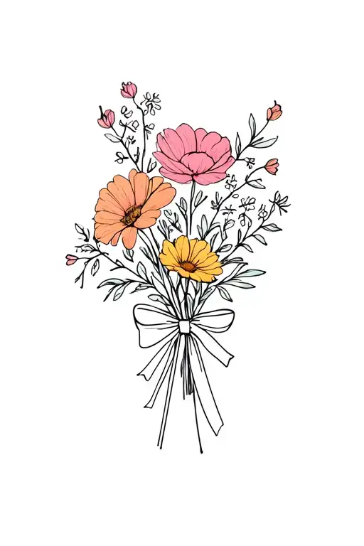 birth flowers of September, may, July, and January in a bouquet with a bow around the stem tattoo design idea