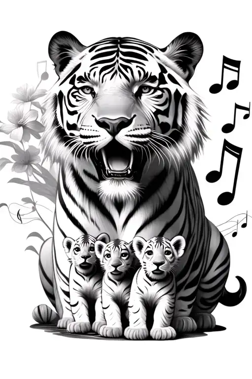 fierce white tiger surrounded by 5 cubs, music notes, wind, narcissus tattoo design idea