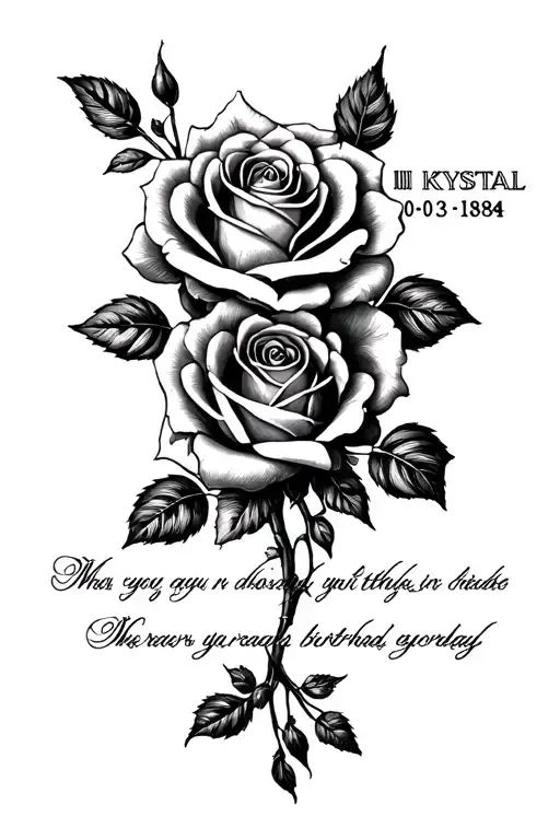 Krystal name in cursive with Roman numerals of the birthday 03-03-1984 with rose tattoo design idea
