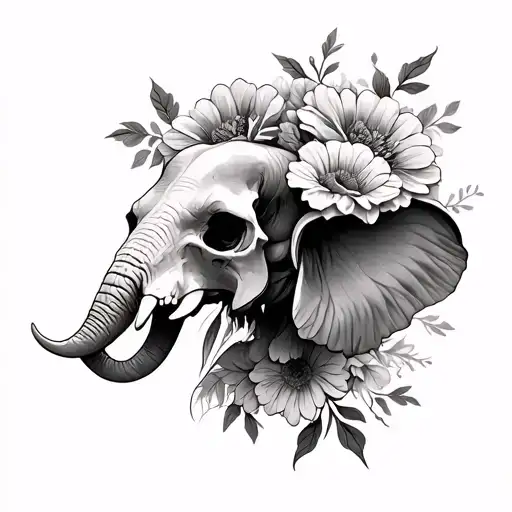 elephant skull surrounded by flowers tattoo design idea