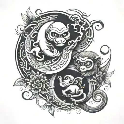 ying Yang with made up of anand Angel and monkey swinging tattoo design idea