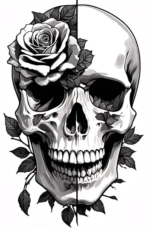 Only soft skull, no harsh edges - on left half. Only roses - on right half.  tattoo design idea