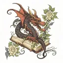 dragon hoarding open books with vines and flowers in dark colors  tattoo design idea
