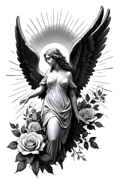 angels roses cross wings spread bright sunrise tattoo design idea