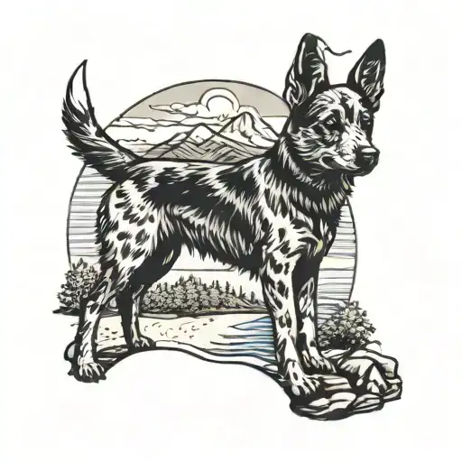 blue heeler on beach with trees and mountains in the background  tattoo design idea
