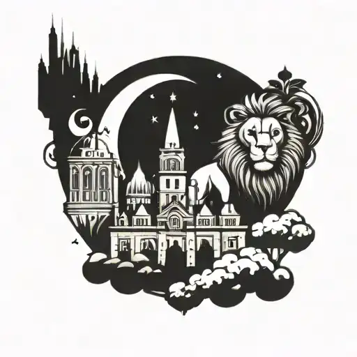 A Brooklyn skyline with a lion king overlooking the city, surrounded by symbols of God tattoo design idea