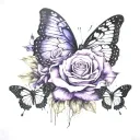 purple rose and butterfly on thigh tattoo tattoo design idea