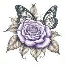 purple rose and butterfly on thigh tattoo tattoo design idea
