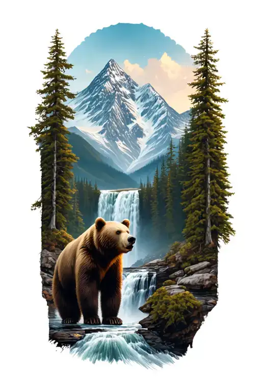 Mountain layered in the background. with a bear and a waterfall.  tattoo design idea