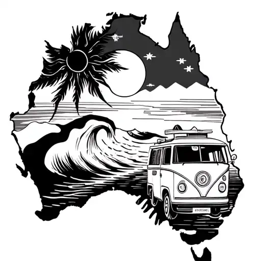 An cross section with the sun, waves, campervan, and map of australia in the gaps of the cross section tattoo design idea