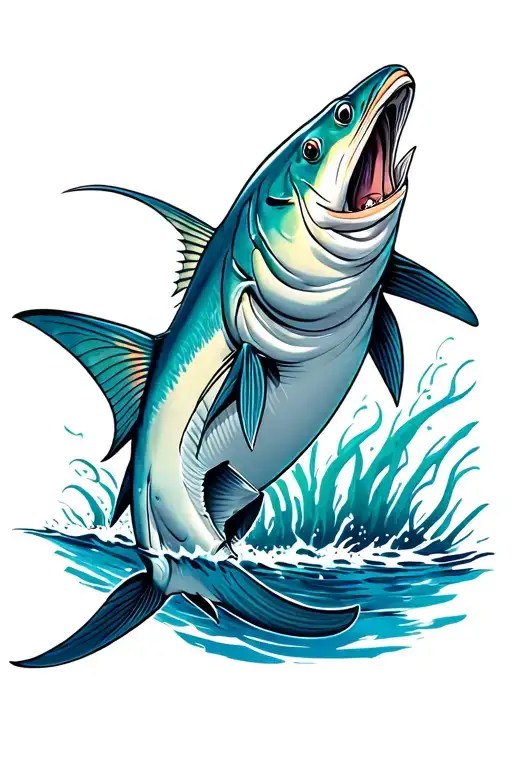 Create an image of a great barracuda pointing upwards, with its long, slender, and muscular body designed for speed and  tattoo design idea