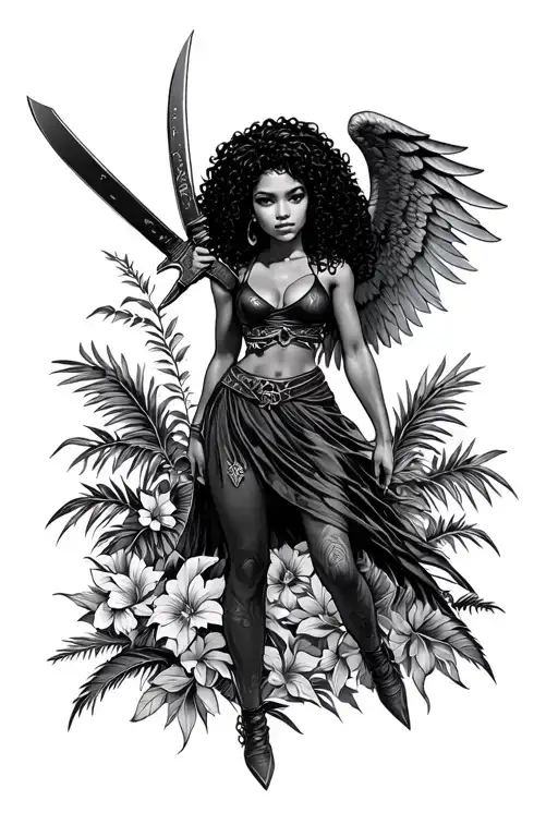 tropical curly hair black guardian angel girl with machete  tattoo design idea