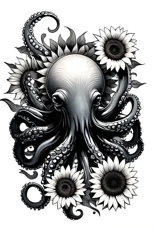 octopus holding a sun and sunflowers  tattoo design idea
