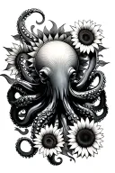 octopus holding a sun and sunflowers  tattoo design idea