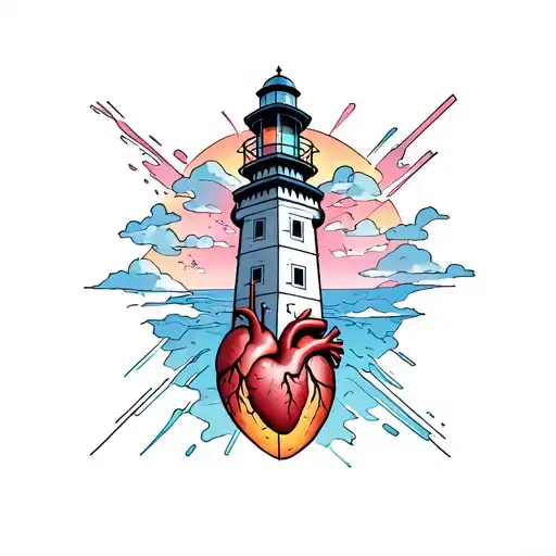 Create a tattoo design of an abstract monument-lighthouse with a pulsating human heart symbol at its base. The heart sym tattoo design idea