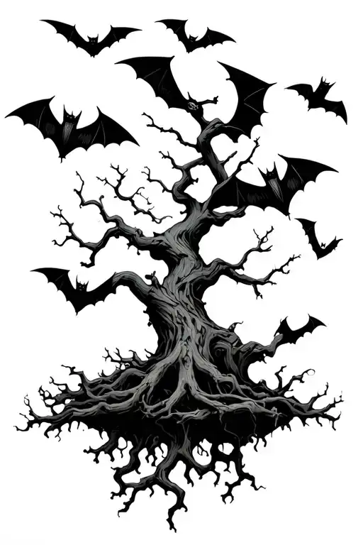 poison tree and bats flying tattoo design idea