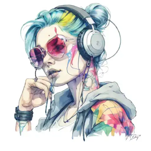 cyberpunk woman tattoos headphones rave music cables sexy sunglasses tattoo design idea