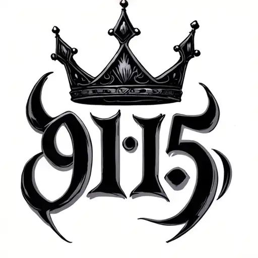 simple but unique 3 point crown with 915 in gothic calligraphy  tattoo design idea