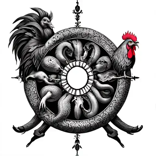 Wheel of Life, formed by pig (delusion), a snake (hatred), and a rooster (greed) biting each other’s tails.  tattoo design idea