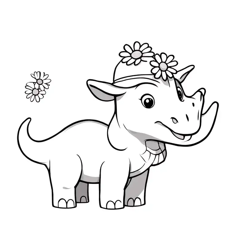 Cartoon happy triceratops with daisy flower hat hanging tattoo design idea