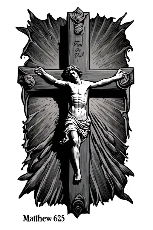 "Matthew 6:25" on the side of a cross  tattoo design idea
