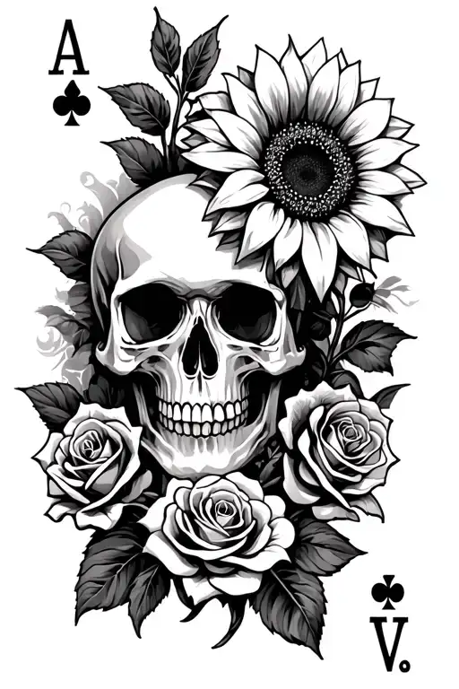 skull, roses, ace of spades, sunflower, twins, peep, cigarette, baroque, knife, tattoo design idea