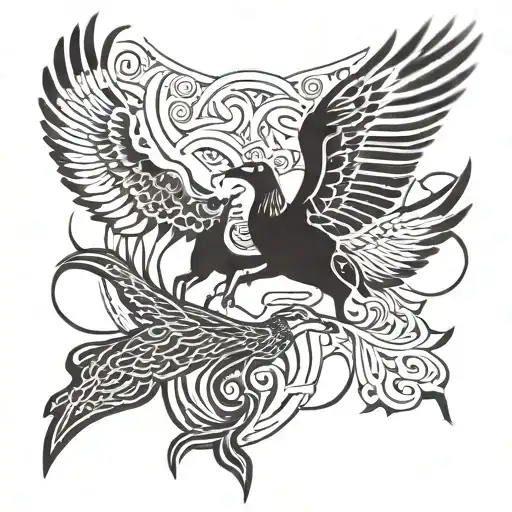 White tailed deer and eagle flying tattoo design idea
