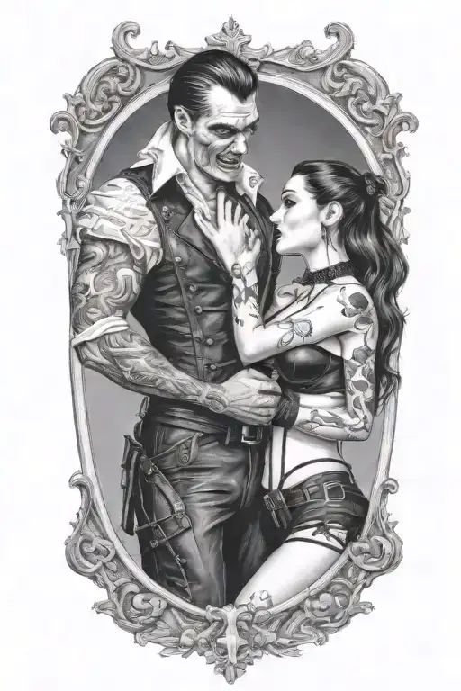 realistic scene of a gothic pinup girl waering corset and fishnets being bitten by a scary male vampire tattoo design idea