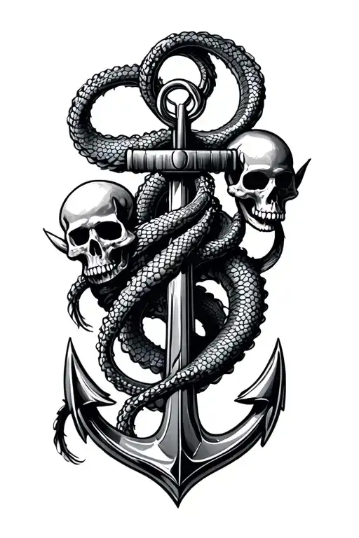 anchor wrapped in sea serpent surrounded by skulls tattoo design idea
