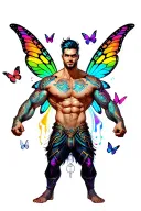 sexy adult gay male faery cartoon bodybuilder, playful, magical. Around him are butterflies, rainbows.  tattoo design idea