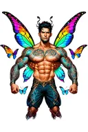 sexy adult gay male faery cartoon bodybuilder, playful, magical. Around him are butterflies, rainbows.  tattoo design idea