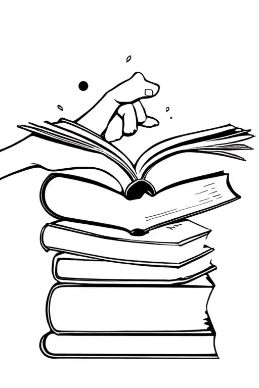 Black and white, fine line, tattoo of womans hand holding open book, next to book stack, with space coming out.  tattoo design idea