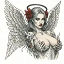 Sexy Angel, pale skin, Big breasts, Wide Hips, Angel wings, Halo, G-String, Revealing bra, Sexual, Bloody, Seductive. tattoo design idea