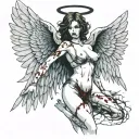 Sexy Angel, pale skin, Big breasts, Wide Hips, Angel wings, Halo, G-String, Revealing bra, Sexual, Bloody, Seductive. tattoo design idea