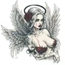 Sexy Angel, pale skin, Big breasts, Wide Hips, Angel wings, Halo, G-String, Revealing bra, Sexual, Bloody, Seductive. tattoo design idea