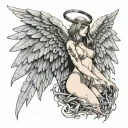 Sexy Angel, pale skin, Big breasts, Wide Hips, Angel wings, Halo, G-String, Revealing bra, Sexual, Bloody, Seductive. tattoo design idea