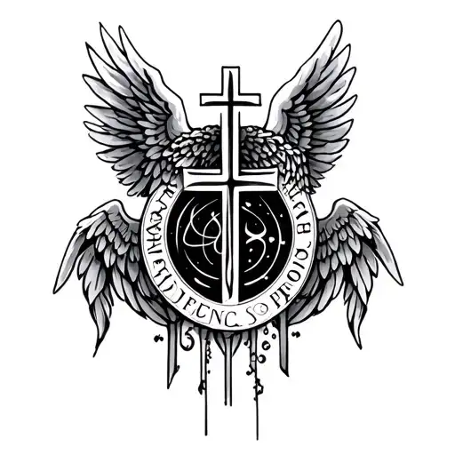 Angel wing tattoo for arm contains Catholic Cross and capricorn zodiac sign with space for initials  tattoo design idea