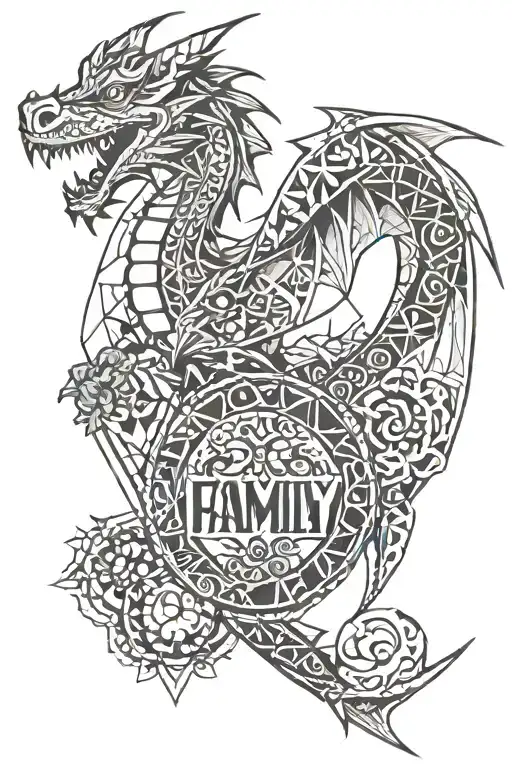 Dragon with Text 'Family first' incorporated into the design tattoo design idea