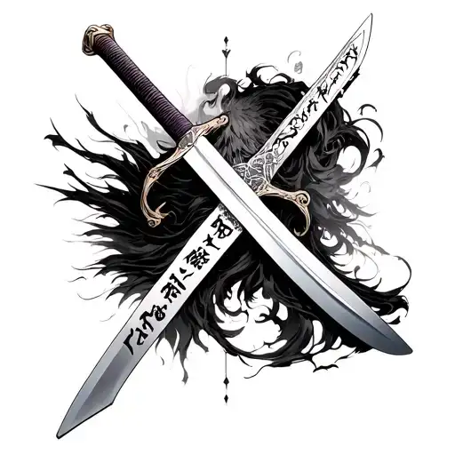 ichigo bankai sword released with words tensa zangetsu in Japanese characters on the spine of the blade tattoo design idea