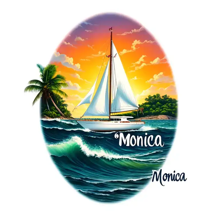 "Monica" "Monica" white sailboat, ocean waves, small island background, sunrise tattoo design idea